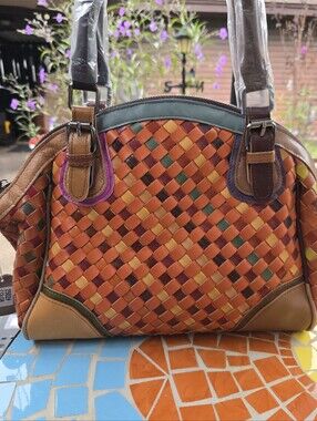 INSPIRED Woven Genuine Leather Tote in Browns & Orange Multi. New ✨️✨️